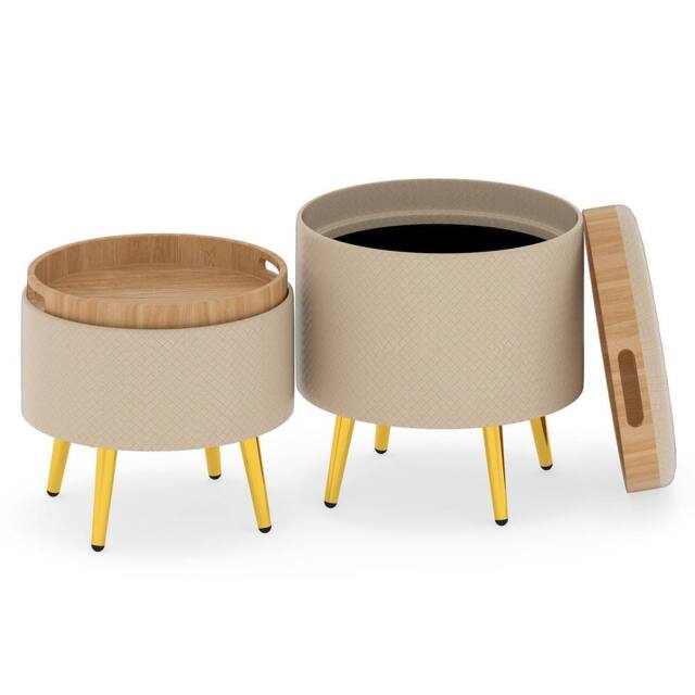 Gymax Set of 2 Leather Storage Ottomans with Flip Top Trays & Metal Legs in Beige - image 1
