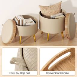 Gymax Set of 2 Leather Storage Ottomans with Flip Top Trays & Metal Legs in Beige - thumbnail 5