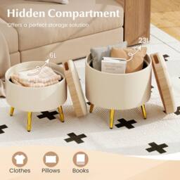 Gymax Set of 2 Leather Storage Ottomans with Flip Top Trays & Metal Legs in Beige - thumbnail 7
