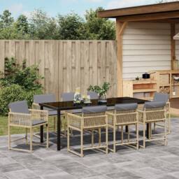 Berkfield Home 9 Piece Garden Dining Set with Cushions Beige Poly Rattan - thumbnail 4