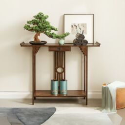 Rafaelo Mobilia Bamboo Slim Console Table With Shelf & Drawer in Dark Brown - thumbnail 1