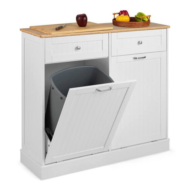 Costway Kitchen Trash Can Holder Tilt Out Trash Bin Cabinet Laundry Hamper Cabinet in White - image 1