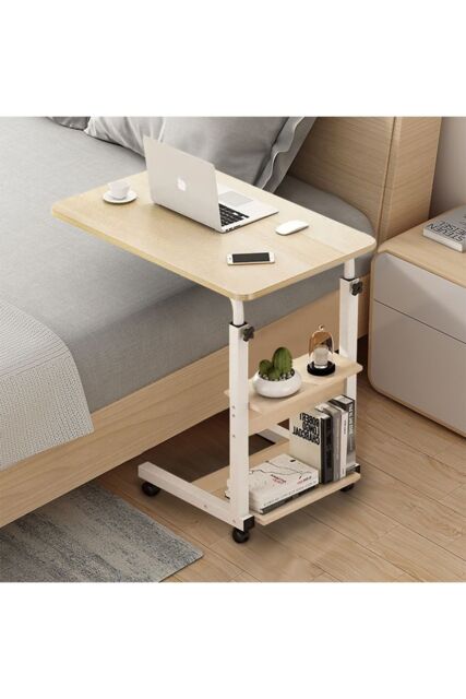 Living and Home Height Adjustable Mobile Table Overbed Desk with Wheels in Beige - image 1