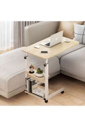 Living and Home Height Adjustable Mobile Table Overbed Desk with Wheels in Beige - thumbnail 2