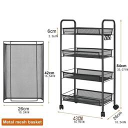 FORGEVIO 4 Tier Rectangle Trolley Basket Rack Kitchen Storage in Black - thumbnail 2