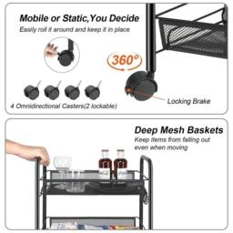 FORGEVIO 4 Tier Rectangle Trolley Basket Rack Kitchen Storage in Black - thumbnail 4