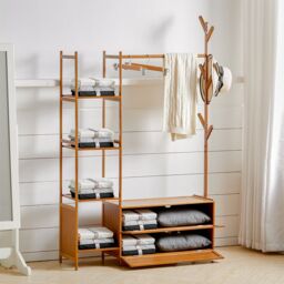 Living and Home Freestanding Bamboo Clothes Rack Garment Rack with Storage Shelves Coat Hanger in Tan - Size: Large - thumbnail 2