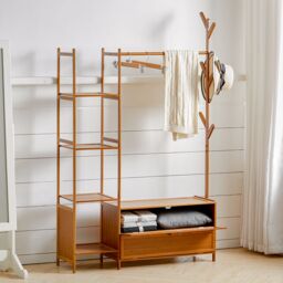 Living and Home Freestanding Bamboo Clothes Rack Garment Rack with Storage Shelves Coat Hanger in Tan - Size: Large - thumbnail 8