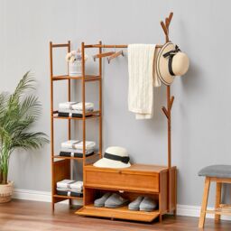 Living and Home Freestanding Bamboo Clothes Rack Garment Rack with Storage Shelves Coat Hanger in Tan - Size: Large - thumbnail 3