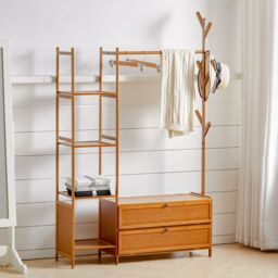 Living and Home Freestanding Bamboo Clothes Rack Garment Rack with Storage Shelves Coat Hanger in Tan - Size: Large - thumbnail 7
