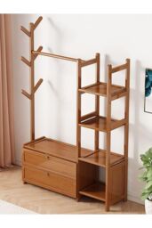 Living and Home Freestanding Bamboo Clothes Rack Garment Rack with Storage Shelves Coat Hanger in Tan - Size: Large