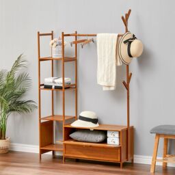 Living and Home Freestanding Bamboo Clothes Rack Garment Rack with Storage Shelves Coat Hanger in Tan - Size: Large - thumbnail 4