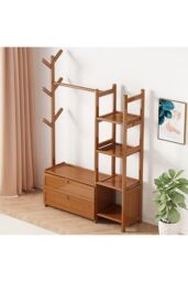 Living and Home Freestanding Bamboo Clothes Rack Garment Rack with Storage Shelves Coat Hanger in Tan - Size: Large - thumbnail 5