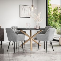 More4Homes Malvern Round Dining Table & Chairs - Black Table Top w Solid Oak Legs + Anika Velvet Dining Chair Set Of 4 in Grey - thumbnail 1
