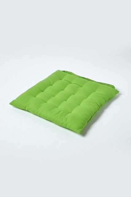Homescapes Seat Pad Luxury 100% Cotton Indoor Outdoor Garden Cushion, Button Tie, 40cm in Lime - image 1
