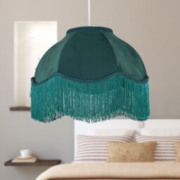 First Choice Lighting Set of 2 Fringe - Dark Green Velvet Fringed Pendant or Lamp Shades - thumbnail 4