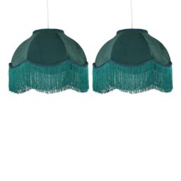 First Choice Lighting Set of 2 Fringe - Dark Green Velvet Fringed Pendant or Lamp Shades