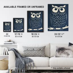 "Artery8 Owl Bird Simple White Blue Block Print Design Wall Art Print in Dark Blue - Size: W18"" x H24""" - thumbnail 3