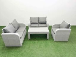Fimous High Back Poly Rattan Garden Furniture Set with Reclining Chair Loveseat Sofa Oblong Coffee Table Indoor Outdoor Patio Set Light Grey - thumbnail 1