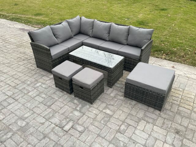 Fimous 9 Seater Outdoor Rattan Garden Furniture Set Corner Sofa Oblong Coffee Table Sets with Patio 3 Footstools Dark Grey Mixed - image 1