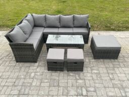 Fimous 9 Seater Outdoor Rattan Garden Furniture Set Corner Sofa Oblong Coffee Table Sets with Patio 3 Footstools Dark Grey Mixed - thumbnail 2