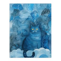 "Artery8 Moggie Cat Lover Nocturnal Blue Dream Watercolour Wall Art Print - Size: W24"" x H32""" - thumbnail 1