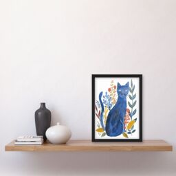 "Artery8 Russian Blue Cat with Ornate Plants Watercolour Framed Wall Art - Size: W12"" x H16""" - thumbnail 4