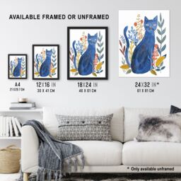 "Artery8 Russian Blue Cat with Ornate Plants Watercolour Framed Wall Art - Size: W12"" x H16""" - thumbnail 3