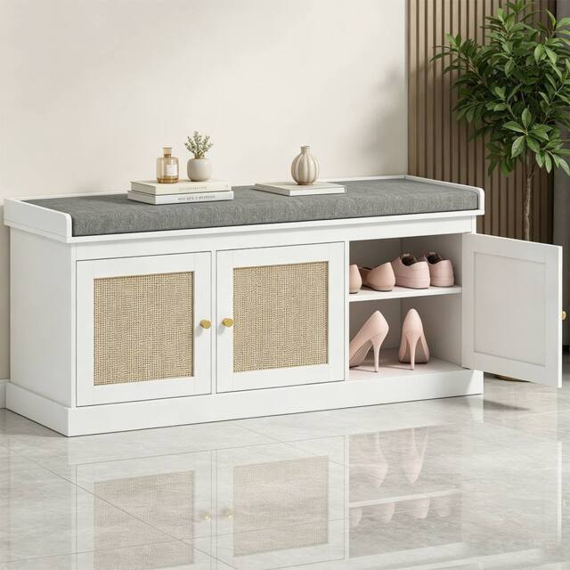 ERGOVEXA White Shoe Storage Bench with Woven Rattan Doors & Cushion Seat - image 1