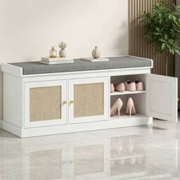 ERGOVEXA White Shoe Storage Bench with Woven Rattan Doors & Cushion Seat - thumbnail 1