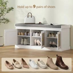 ERGOVEXA White Shoe Storage Bench with Woven Rattan Doors & Cushion Seat - thumbnail 8