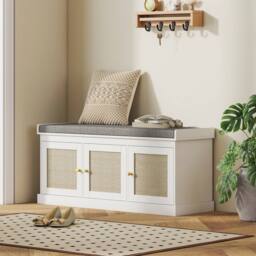 ERGOVEXA White Shoe Storage Bench with Woven Rattan Doors & Cushion Seat - thumbnail 4