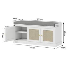 ERGOVEXA White Shoe Storage Bench with Woven Rattan Doors & Cushion Seat - thumbnail 2
