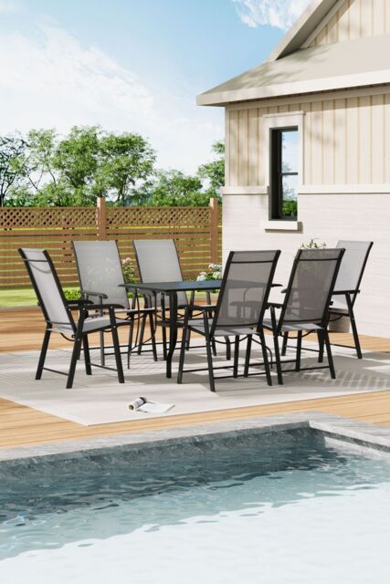 Living and Home Rectangle Garden Metal Slatted Coffee Table with 6 Foldable Chairs in Black