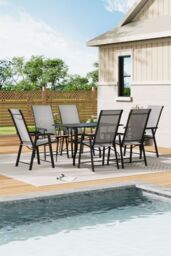 Living and Home Rectangle Garden Metal Slatted Coffee Table with 6 Foldable Chairs in Black - thumbnail 1