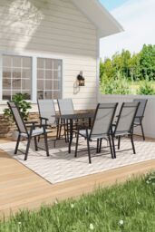Living and Home Rectangle Garden Metal Slatted Coffee Table with 6 Foldable Chairs in Black - thumbnail 2
