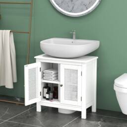 Costway Pedestal Sink Storage Cabinet with 2 Rattan Doors in White - thumbnail 1