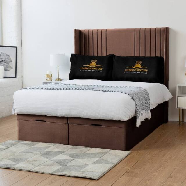 UK Bed Furniture Luxor Wingback End Lift Divan Ottoman Bed with 54 Inch Headboard in Brown - Size: King - image 1