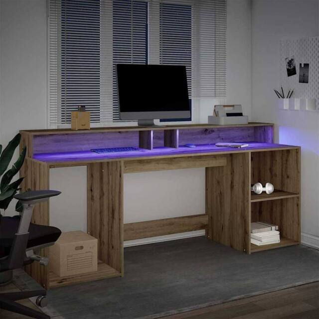 Berkfield Home Soft Desk with LED Lights Artisian Oak 200x55x91 cm Engineered Wood in Brown - Size: 200 x 55 x 91 cm - image 1