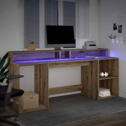 Berkfield Home Soft Desk with LED Lights Artisian Oak 200x55x91 cm Engineered Wood in Brown - Size: 200 x 55 x 91 cm