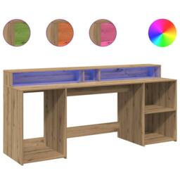 Berkfield Home Soft Desk with LED Lights Artisian Oak 200x55x91 cm Engineered Wood in Brown - Size: 200 x 55 x 91 cm - thumbnail 3