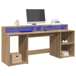 Berkfield Home Soft Desk with LED Lights Artisian Oak 200x55x91 cm Engineered Wood in Brown - Size: 200 x 55 x 91 cm - thumbnail 4