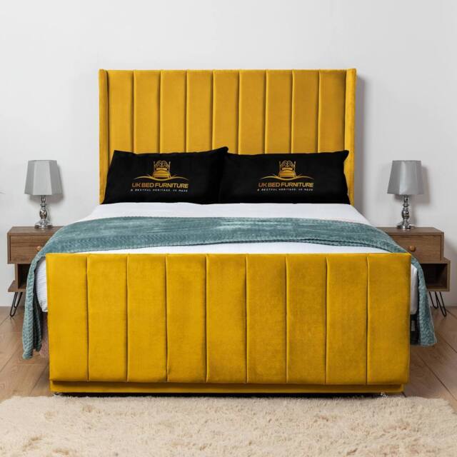 UK Bed Furniture Seoul Wingback Divan Bed Base with 54 Inch Headboard - No Storage in Mustard - Size: Small Double - image 1