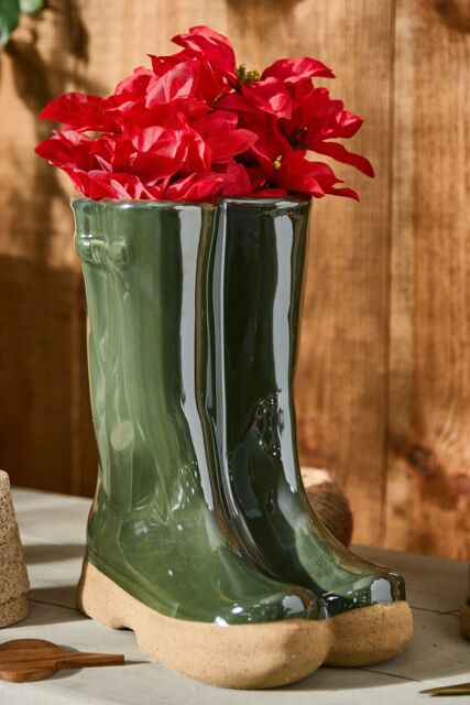 Dibor Dark Green Wellington Boots Large Ceramic Indoor Outdoor Flower Pot Garden Planter Pot H29.5 x W24cm - image 1