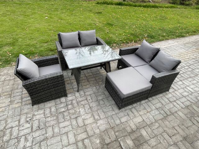 Fimous 6 Seater Wicker PE Rattan Garden Dining Set Outdoor Furniture Sofa with Rectangular Dining Table Double Seat Sofa Big Footstool in Dark Grey