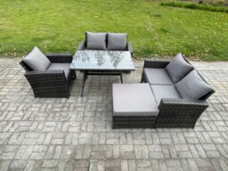 Fimous 6 Seater Wicker PE Rattan Garden Dining Set Outdoor Furniture Sofa with Rectangular Dining Table Double Seat Sofa Big Footstool in Dark Grey - thumbnail 2