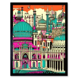 "Artery8 Wall Art Print Brighton Royal Pavilion Palace Vibrant Detailed Art Framed in Black - Size: W12"" x H16""" - thumbnail 1