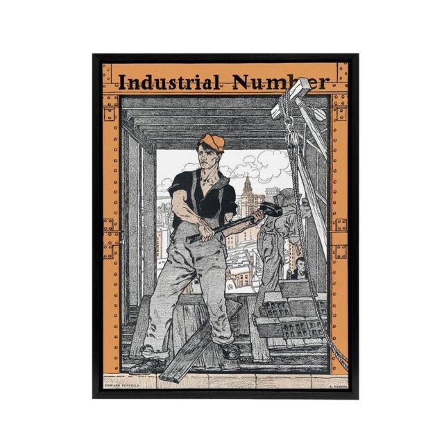 "Artery8 Industrial Number Worker Framed Canvas Wall Art Print Edward Penfield in Orange - Size: W12"" x H16""" - image 1