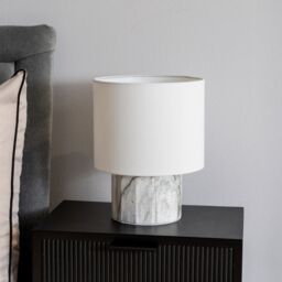 ValueLights Melanie White Marble Effect Table Lamp with White Linen Lamp Shade & LED Bulb in Off-White - thumbnail 3