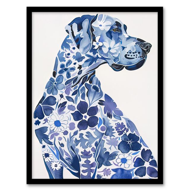 "Artery8 Floral Great Dane Blue Dog Lover Pet Portrait Framed Wall Art - Size: W12"" x H16""" - image 1